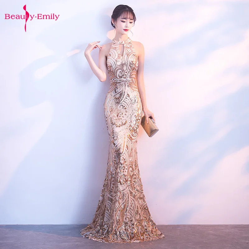 Фото Вечернее платье русалки длинное золотистое без рукавов с блестками и