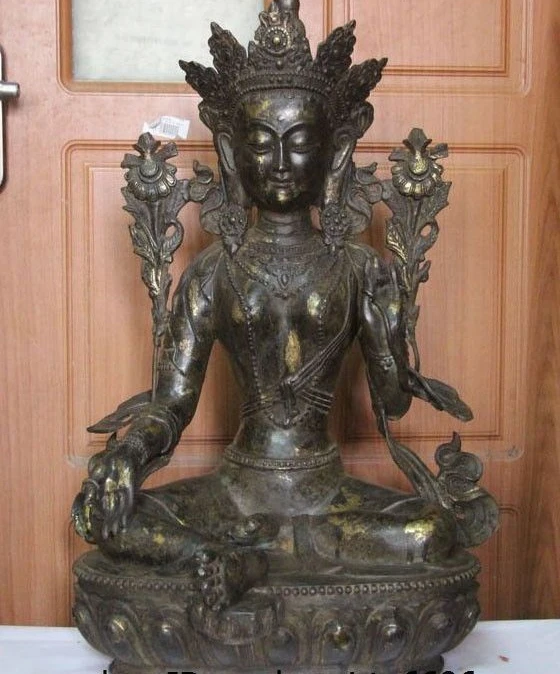 23" Tibet Buddhism Copper Bronze Green Tara Buddha Kwan-yin Bodhisattva Statue