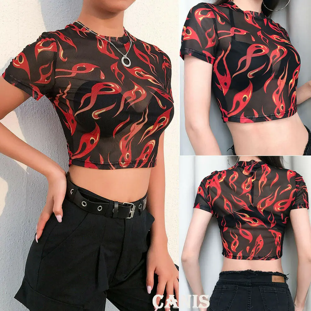 Fashion Women Sheer Mesh New Hot Unique Design Flame Print Short Sleeve See Through Crop Top T-Shirt Sexy Stylish Clothes Tees
Fashion Women Sheer Mesh New Hot Unique Design Flame Print Short Sleeve See Through Crop Top T-Shirt Sexy Stylish Clothes Tees