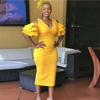 Tea Length Yellow Cocktail Dresses 2019 Mermaid Tiered Ruffles Short Sleeves Deep V Neck Evening Party Gowns African Prom Dress
Tea Length Yellow Cocktail Dresses 2019 Mermaid Tiered Ruffles Short Sleeves Deep V Neck Evening Party Gowns African Prom Dress