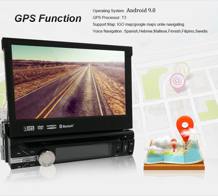 Excellent Single 1 Din 7" Android 9.0 GPS Flip Car Stereo Radio Player Touch Screen USB SD 2GRAM 4GWIFI BT SWC RDS DVR DAB DVBT MirrorLink 3