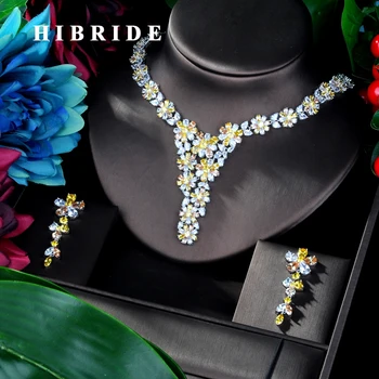 

HIBRIDE New Flower White Gold Colorful Cubic Zircon Pendant Women Jewelry Set For Bridal Party Accessories Jewelry Gifts N-935