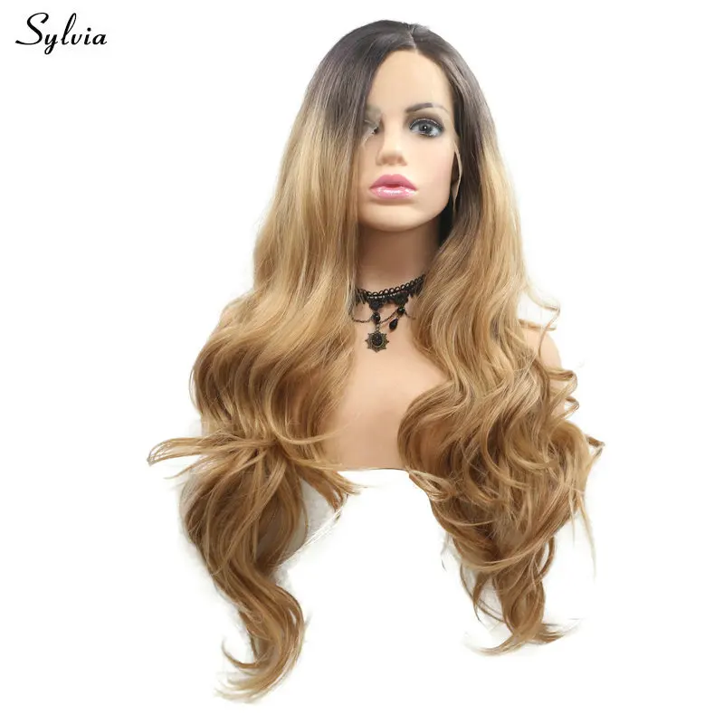 

Sylvia Drag Queen Hair Blonde Wig with Brown Roots Two Tone Color High Temperature Long Hair Body Wave Synthetic Lace Front Wig