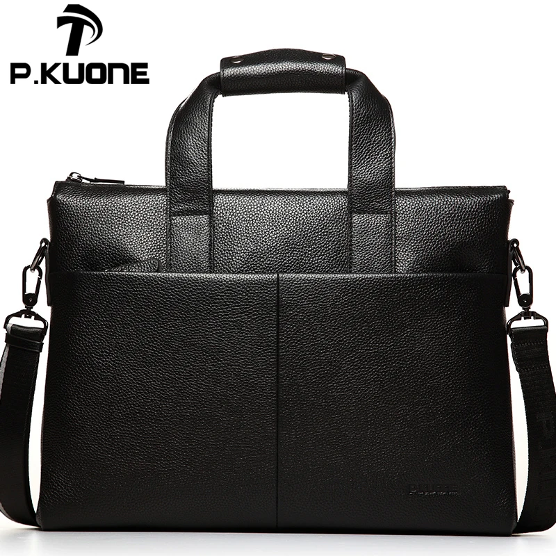 

P.kuone Genuine First layer Cow Leather men's bag handbag Top Brand fashion male briefcase 14 inch Laptop bag Business bags