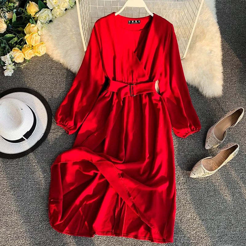 Spring Dress Art Fresh Fresh V-neck Long Sleeve Wide Belt Wild Midi Dress 2019 new fashion women's adult clothing
Spring Dress Art Fresh Fresh V-neck Long Sleeve Wide Belt Wild Midi Dress 2019 new fashion women's adult clothing