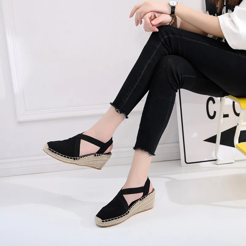 Summer Striped Platform Sandals Wedges Shoes For Women Hemp Rope Bottom Women`s Espadrilles High Heels Slip On Canvas Fisherman (5)