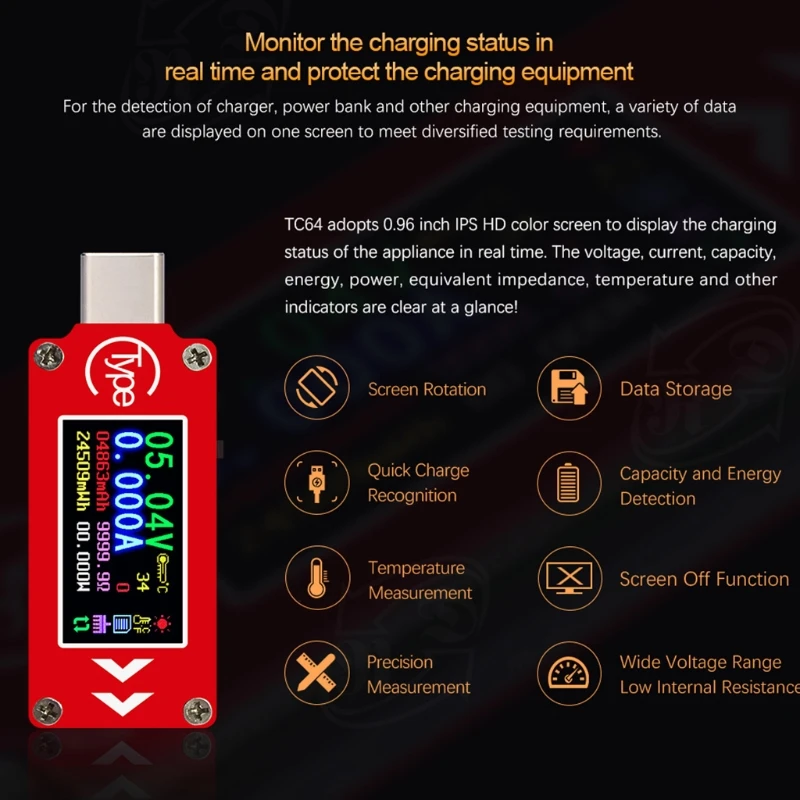 RD TC64 Type-C USB Tester Voltage Current Meter Quick PD Charger Testing Monitor Tools
RD TC64 Type-C USB Tester Voltage Current Meter Quick PD Charger Testing Monitor Tools