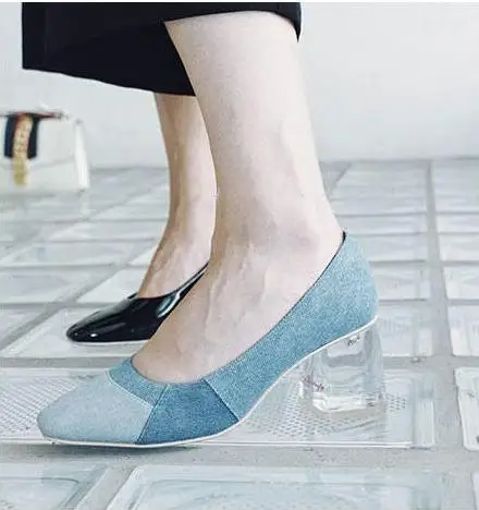 

Free Shipping Brand Women Fashion Black White Blue Patent Leather Square Toe Transparent Heel Slip On Med Heels Pumps