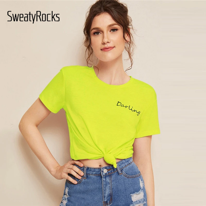 SweatyRocks Neon Lime Letter Print Tee for Women 2019 Summer Streetwear Basics T-shirts Casual Female Short Sleeve Tops
SweatyRocks Neon Lime Letter Print Tee for Women 2019 Summer Streetwear Basics T-shirts Casual Female Short Sleeve Tops
