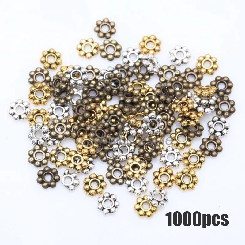 1000pcs 4mm Tibetan Gold Silver Tone Circle Flower Metal Spacer Beads For Needlework Round Daisy Wheel Charms For Jewelry Making
1000pcs 4mm Tibetan Gold Silver Tone Circle Flower Metal Spacer Beads For Needlework Round Daisy Wheel Charms For Jewelry Making