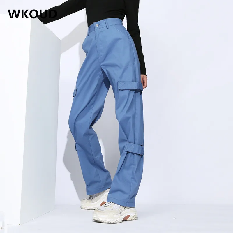 

WKOUD Women's Blue Cargo Pants Casual High Waist Trousers With Pockets Femme Fashion Streetwear Sexy Pants Sweatpants P8522