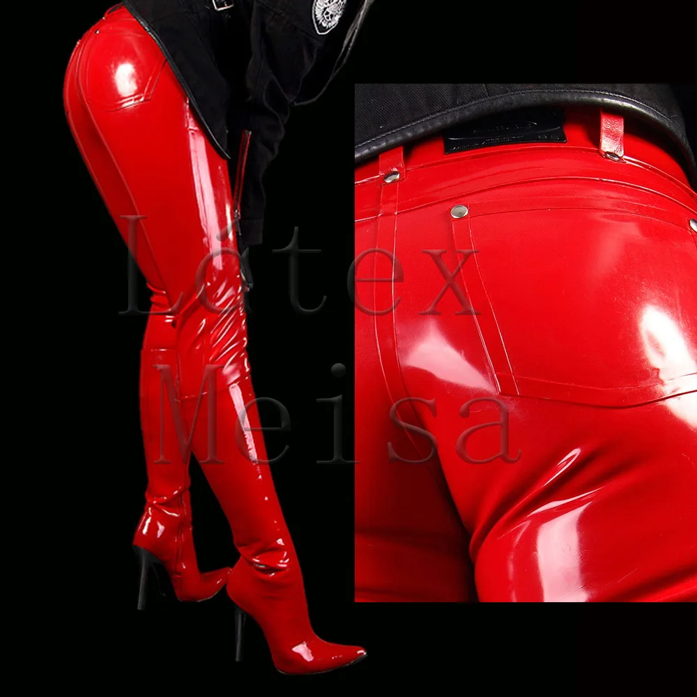 Latex Meisa skinny latex pants Fetish with back pockets decoration no zip in red color
Latex Meisa skinny latex pants Fetish with back pockets decoration no zip in red color