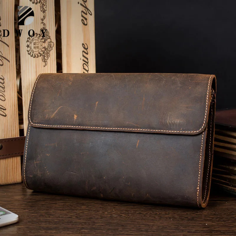 Genuine Italian leather Mens Travel Organizer Wrist Bag Clutch Man Bag Brown