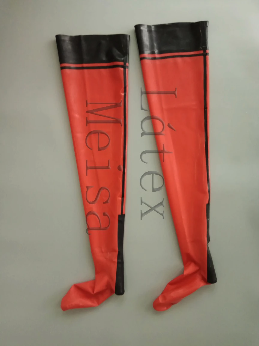 Red 100% natural rubber tight stockings decorative with black trims on top for ladies
Red 100% natural rubber tight stockings decorative with black trims on top for ladies