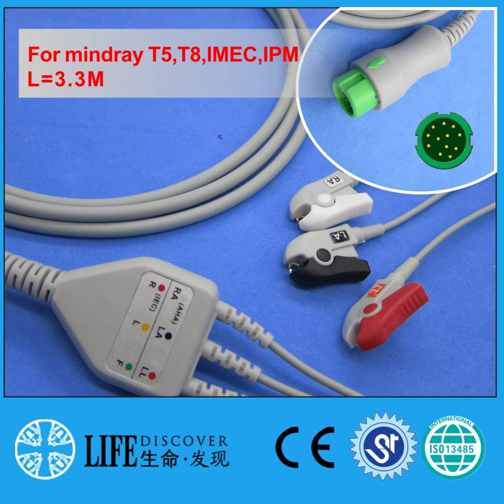 Цельный ECG кабель с 3 зажимами свинцовых проводов для mindray T5 T8 IMEC IPM монитор