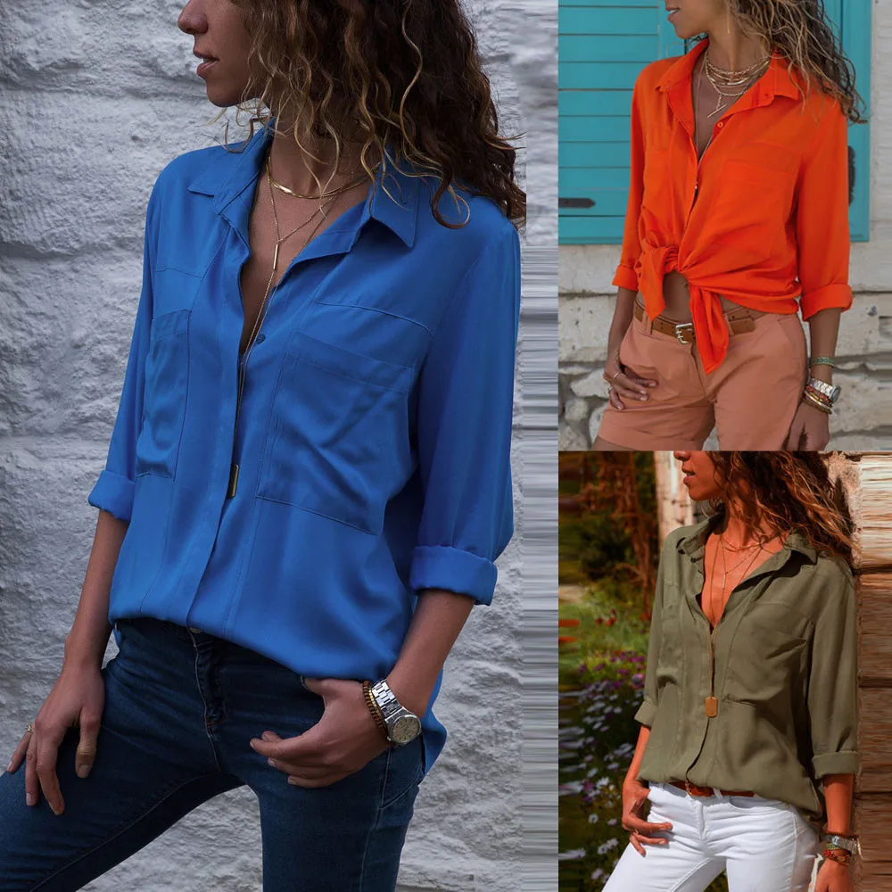 Women Fashion Daily Ladies Chiffon Long Sleeve Turn-down Collar Pocket OL Shirt Casual Loose Tops Blouse Drop Shipping
Women Fashion Daily Ladies Chiffon Long Sleeve Turn-down Collar Pocket OL Shirt Casual Loose Tops Blouse Drop Shipping