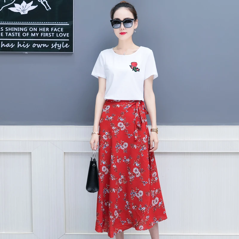 New summer wear women's clothing set korean fashion chiffon skirt two-piece outfit floral skirts white t shirt o neck lady kit
New summer wear women's clothing set korean fashion chiffon skirt two-piece outfit floral skirts white t shirt o neck lady kit