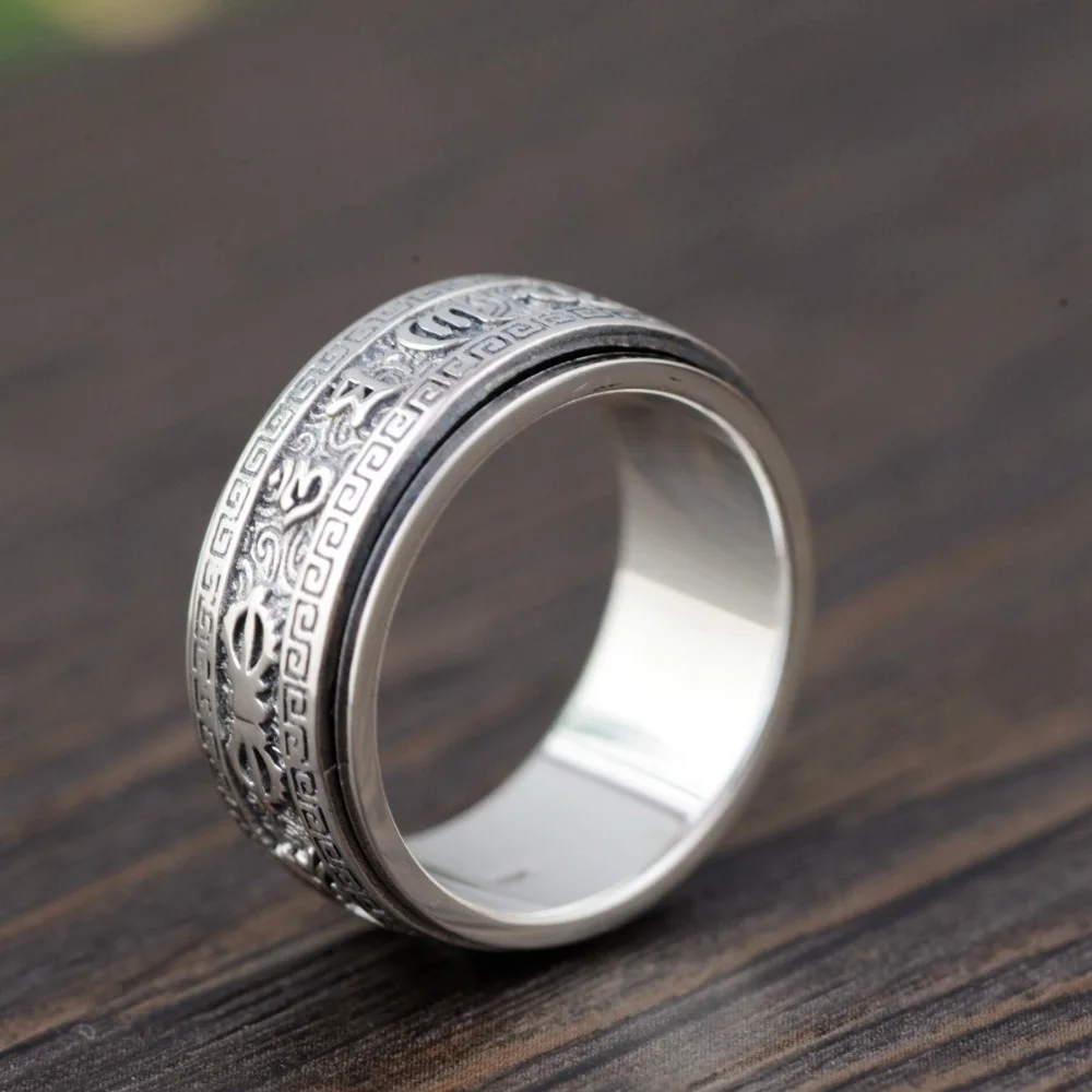 

100% 925 Silver Tibetan Six Words Proverb Spinning Ring 925 Sterling Buddhist OM Mani Turning Ring Pure Silver Good Luck Ring