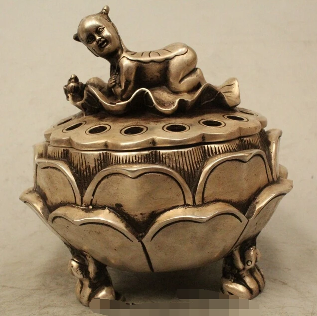 

Details about 6" Chinese China Folk Tibet Silver Lucky Boy Lotus Flower Incense Burner Censer R0715