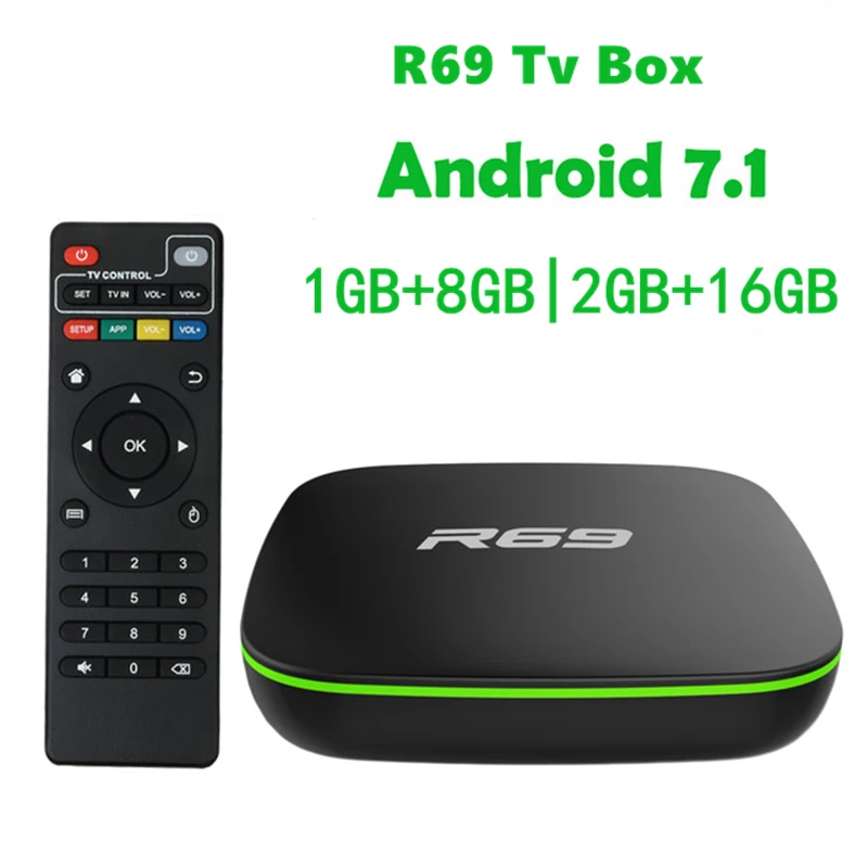 R69 Smart TV Box Android 7.1 Set Top Box 1G8G/2G16G Allwinner H3 Quad-Core 2.4GHz WiFi 1080P HD Home Online Movies Media Player
R69 Smart TV Box Android 7.1 Set Top Box 1G8G/2G16G Allwinner H3 Quad-Core 2.4GHz WiFi 1080P HD Home Online Movies Media Player