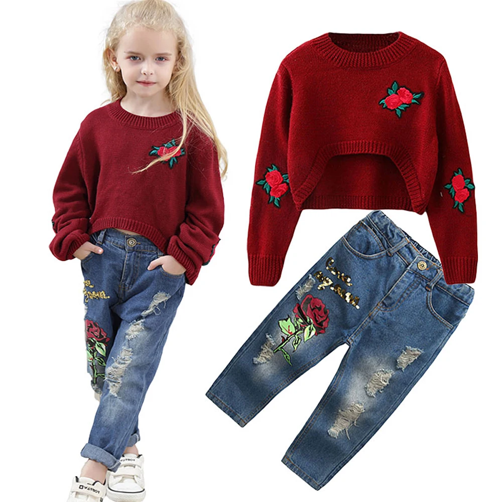 Girls Clothes New Girls Suit Rose Sweater Jeans 2 Pcs set Fashion Holes Sequin Print Flower Pants Long Sleeves Kids Clothes
Girls Clothes New Girls Suit Rose Sweater Jeans 2 Pcs set Fashion Holes Sequin Print Flower Pants Long Sleeves Kids Clothes