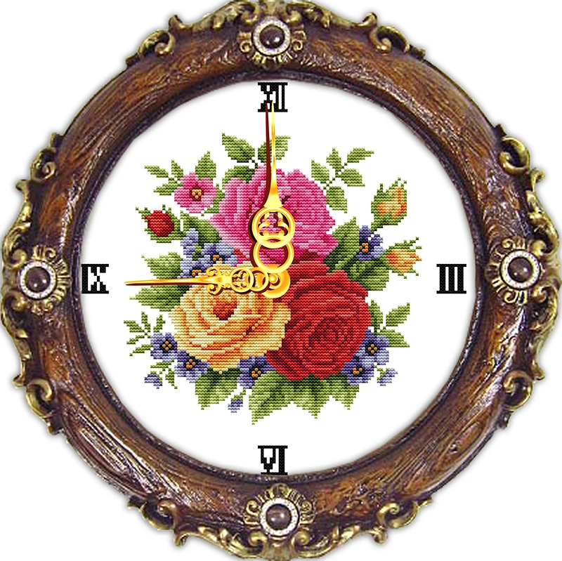 Three roses cross stitch kit 14ct 11ct count print canvas wall clock stitching embroidery DIY handmade needlework | Дом и сад