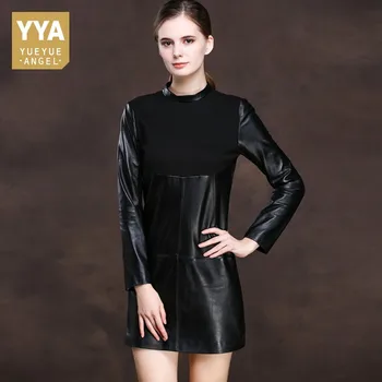 Office Lady Spliced Sheepskin Real Leather Dresses Women New Designer High Neck Genuine Leather A-Line Mini Dress Plus Size 3XL
Office Lady Spliced Sheepskin Real Leather Dresses Women New Designer High Neck Genuine Leather A-Line Mini Dress Plus Size 3XL