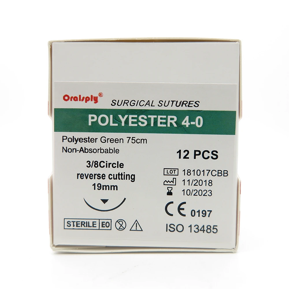 Dental Practice Sutures Sterile POLYESTER 4-0 75cm Braided Green with Needles 3/8 Circle Reverse Cutting 19mm Non-absorbable
Dental Practice Sutures Sterile POLYESTER 4-0 75cm Braided Green with Needles 3/8 Circle Reverse Cutting 19mm Non-absorbable