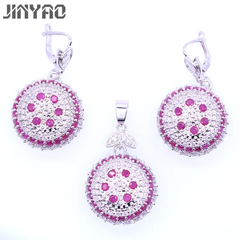

JINYAO Fashion White Gold Color Round Red Zircon Pendant Necklace Earrings Sets For Women Wedding Party Jewelry Crystal bijoux