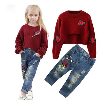 2019 Spring and Autumn Girls Set Suit Knitted Sweater Rose Long sleeve Fashion Hole Jeans 2 pieces Child knitting wool Clothes
2019 Spring and Autumn Girls Set Suit Knitted Sweater Rose Long sleeve Fashion Hole Jeans 2 pieces Child knitting wool Clothes
