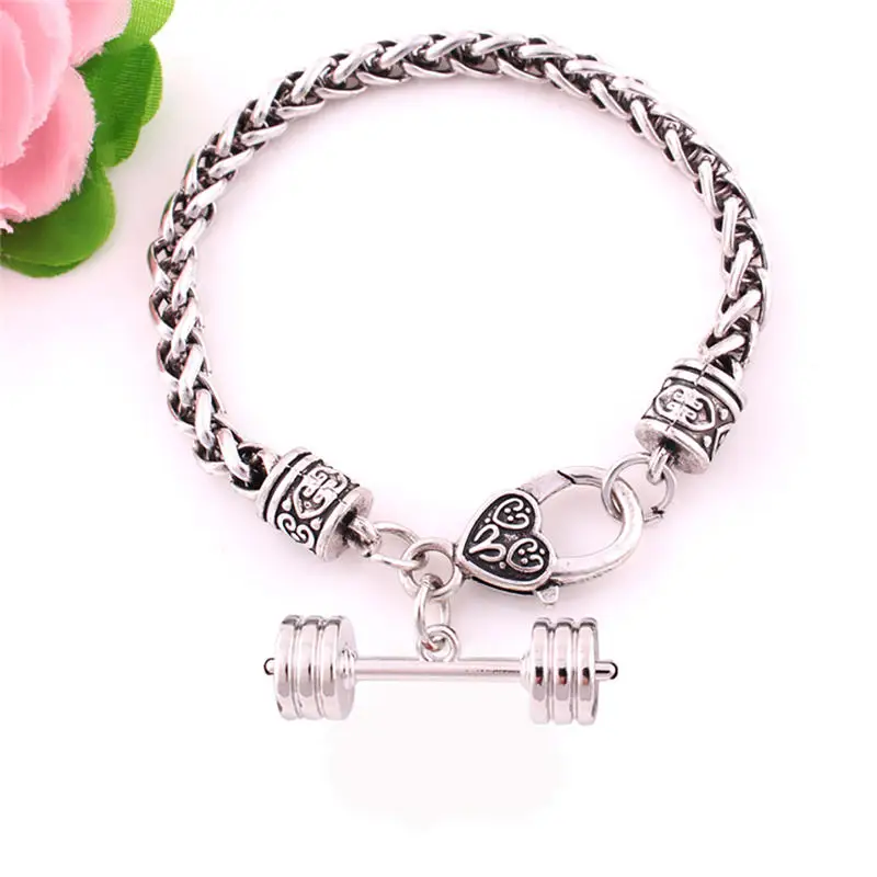 Unisex Jewelry Bracelet Sporty Fitness Barbell Shape Design Pendant Wheat Link Chain Personality Zinc Alloy Provide Dropshipping | Украшения