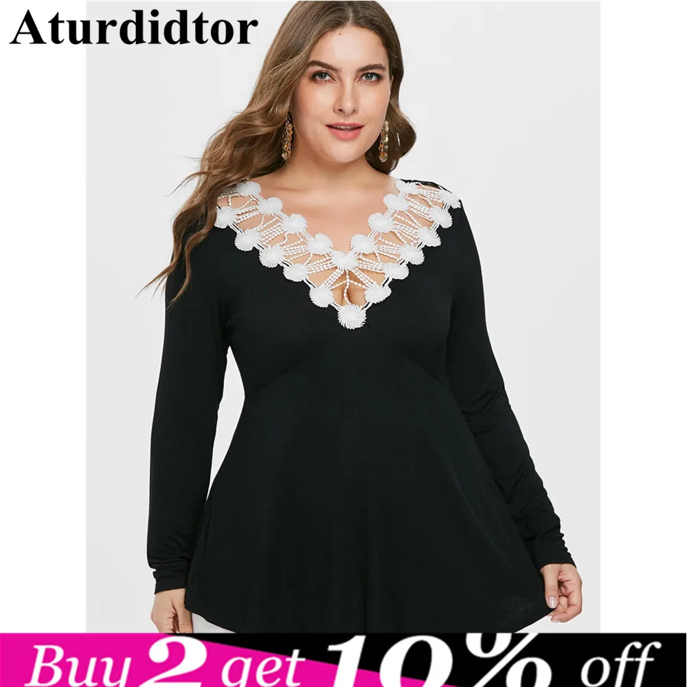 5XL Plus Size Lace Crochet Trim Solid T-Shirt Women Autumn Casual Sexy Plunging Neck Empire Waist A-Line T-Shirt 4XL Tee Top
5XL Plus Size Lace Crochet Trim Solid T-Shirt Women Autumn Casual Sexy Plunging Neck Empire Waist A-Line T-Shirt 4XL Tee Top