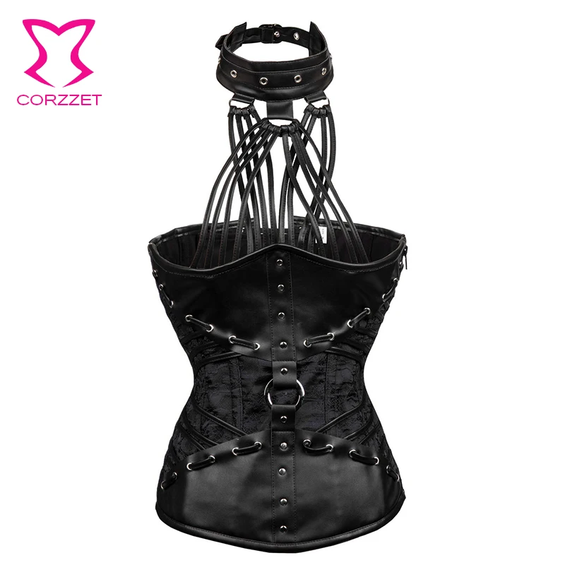 Gothic Corset Plus Size S-6XL Black Brocade and Faux Leather Cupless Corsage Halter Tops Espartilhos e Bustiers Sexy Steampunk
Gothic Corset Plus Size S-6XL Black Brocade and Faux Leather Cupless Corsage Halter Tops Espartilhos e Bustiers Sexy Steampunk