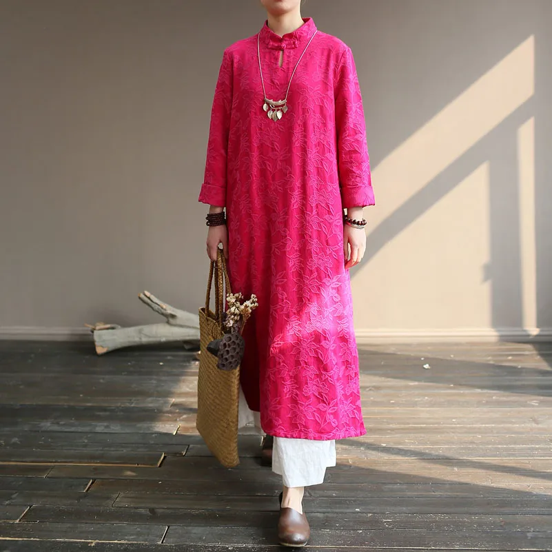 QPFJQD Soft Cotton Jacquard Women Dress Spring Autumn Chinese Plate Buckle Slit Loose Dresses With Stand Collar Long Sleeve
QPFJQD Soft Cotton Jacquard Women Dress Spring Autumn Chinese Plate Buckle Slit Loose Dresses With Stand Collar Long Sleeve