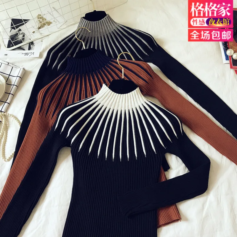 Tight bottom shirt patchwork color long sleeve half turtleneck black knitted sweater female backing blouse
Tight bottom shirt patchwork color long sleeve half turtleneck black knitted sweater female backing blouse