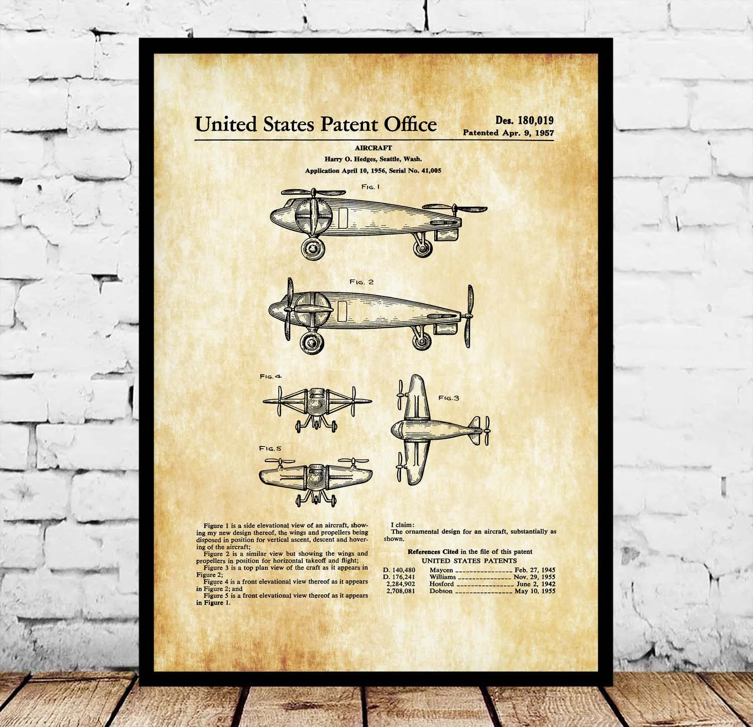 1957 Vertical Takeoff And Landing Airplane Patent Blueprint Poster | Дом и сад