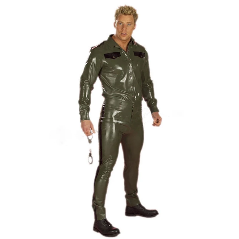 Army green latex male fetish uniform shirt and pants costumes for man plus size Customize service
Army green latex male fetish uniform shirt and pants costumes for man plus size Customize service