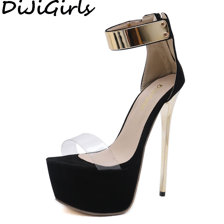 

DiJiGirls Women Ultra Very High Heel Metallic Ankle Strap Clear Sandals Sexy Party Clubwear Woman Pumps Stilettos Platform Shoes