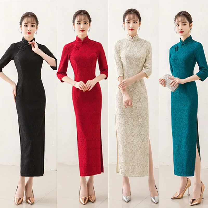 Chinese Style Women Slim Ankle-Length Cheongsam Elegant Lace High Split Evening Dress Vestidos Vintage Handmade Button Qipao
Chinese Style Women Slim Ankle-Length Cheongsam Elegant Lace High Split Evening Dress Vestidos Vintage Handmade Button Qipao