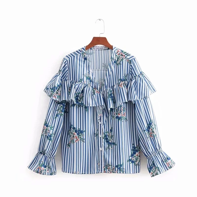 Flower Printing V-Neck Cascading Ruffle Women Striped Shirt Casual Long sleeve Blouses Fashion Loose Tops Feminina Chemise S5250
Flower Printing V-Neck Cascading Ruffle Women Striped Shirt Casual Long sleeve Blouses Fashion Loose Tops Feminina Chemise S5250