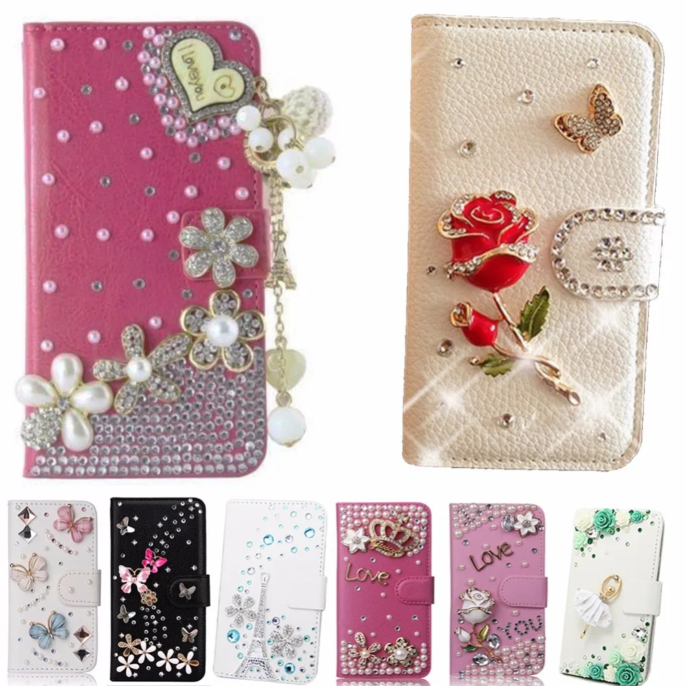 Crystal Rhinestone flower Cute Phone Case For HTC M10 Luxury Bling Diamond Wallet Card Slots Leather Cover |