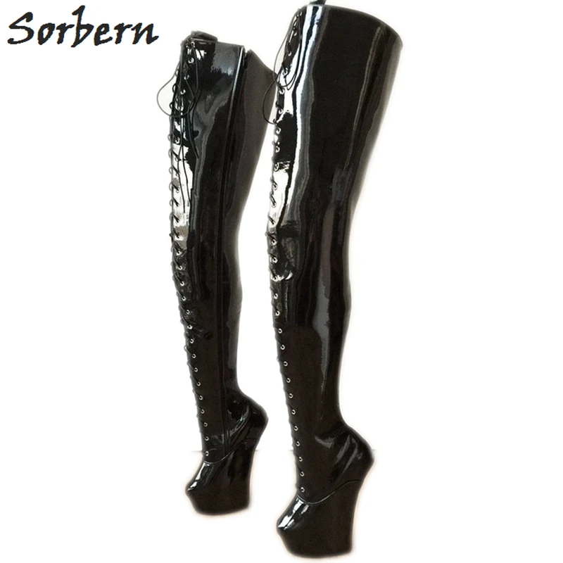 Sorbern BDSM Ballet Boots Women Platform Hoof Heelless Black White Matte Big 18cm 10 Keys Lockable Beginner Ballet Wedge Boot