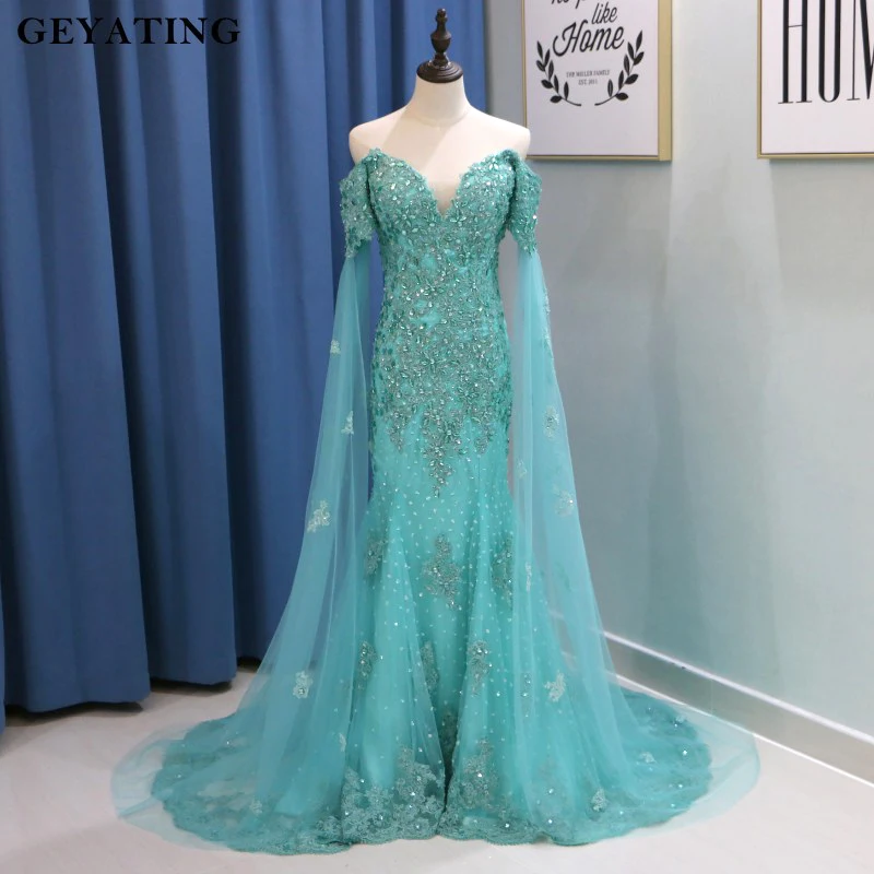 off shoulder gown with cape