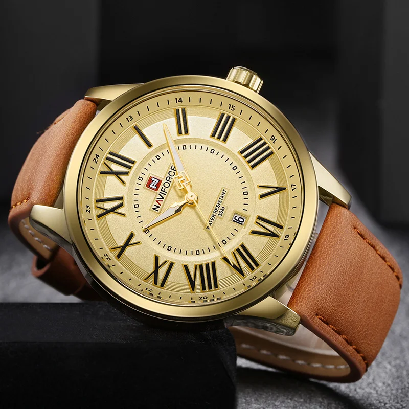 Фото NAVIFORCE мужской роскошный бренд часов кожаные спортивные часы мужские золотые