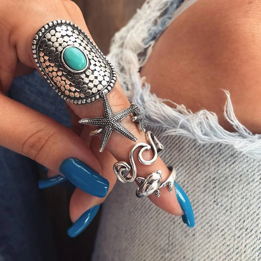 4 Pcs/set Women Personality Starfish Wave Dolphin Gems Geometric Silver Ring Set Bohemian Charm Party Jewelry Accessories
4 Pcs/set Women Personality Starfish Wave Dolphin Gems Geometric Silver Ring Set Bohemian Charm Party Jewelry Accessories