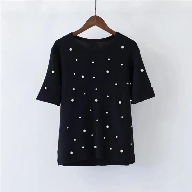 2018 summer new round neck striped black knit short-sleeved pearl inlay thin section T-shirt
2018 summer new round neck striped black knit short-sleeved pearl inlay thin section T-shirt
