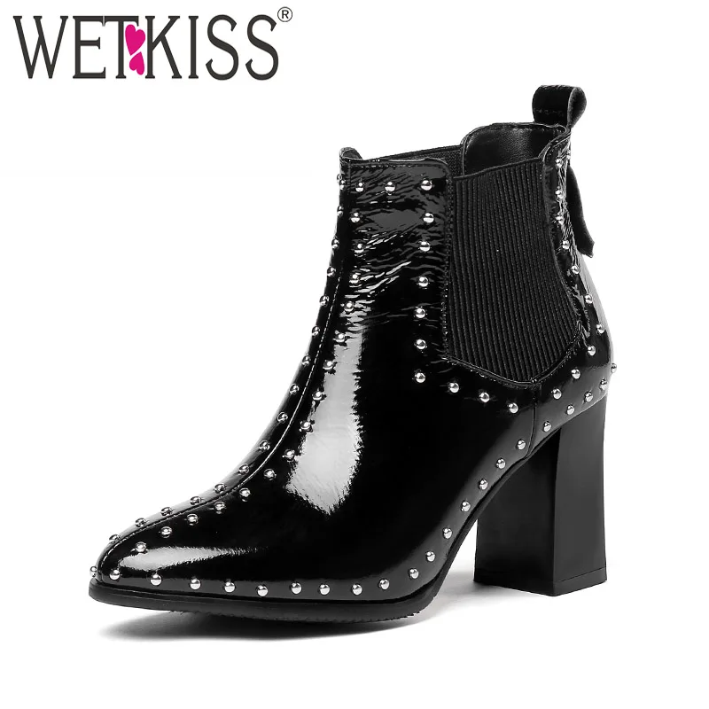 WETKISS Patent Leather Ankle Women Boots Autumn Pointed Toe Rivet Boot Thick High Heels Ladies Shoes New Footwear Big Size 32-45
WETKISS Patent Leather Ankle Women Boots Autumn Pointed Toe Rivet Boot Thick High Heels Ladies Shoes New Footwear Big Size 32-45