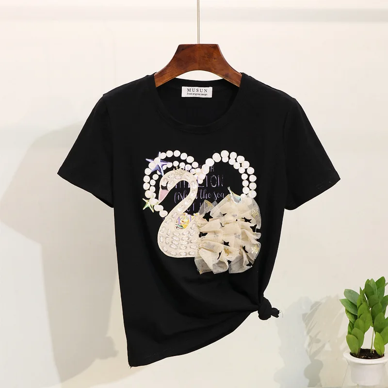 2019 Summer Women t shirt short-sleeve 3D floral sequined swan tshirt cotton tops
2019 Summer Women t shirt short-sleeve 3D floral sequined swan tshirt cotton tops