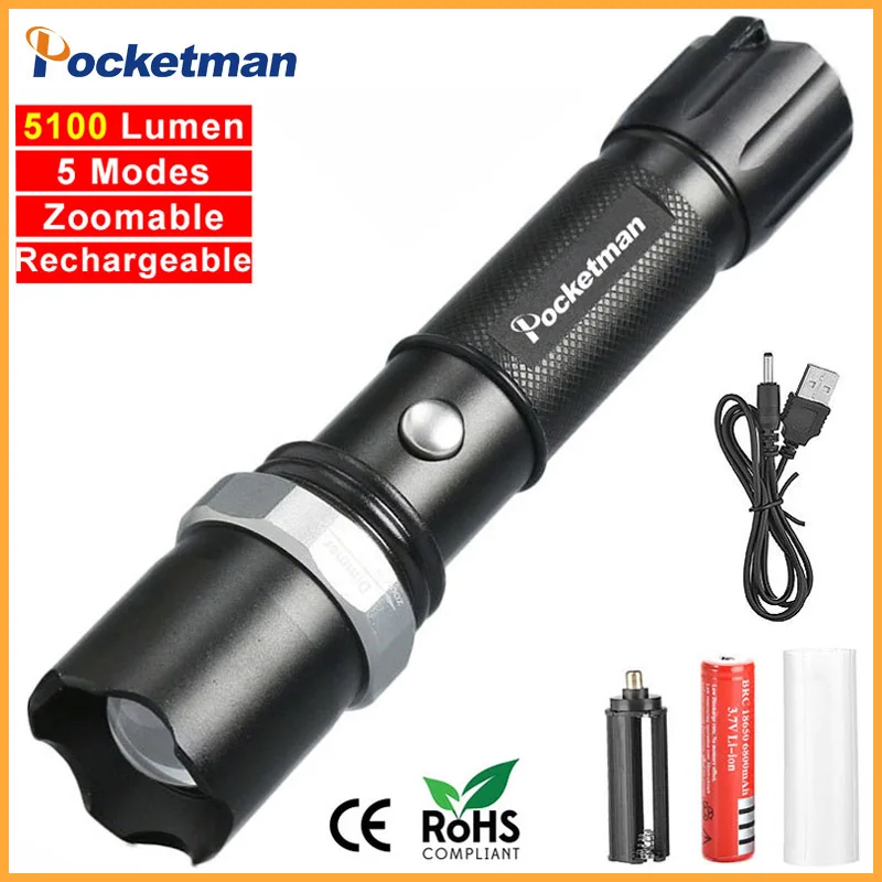 

LED Tactical Flashlight 5100 Lumens XM-L T6 Zoomable Lanterna LED Torch Flashlights For 18650 Rechargeable Battery or AAA