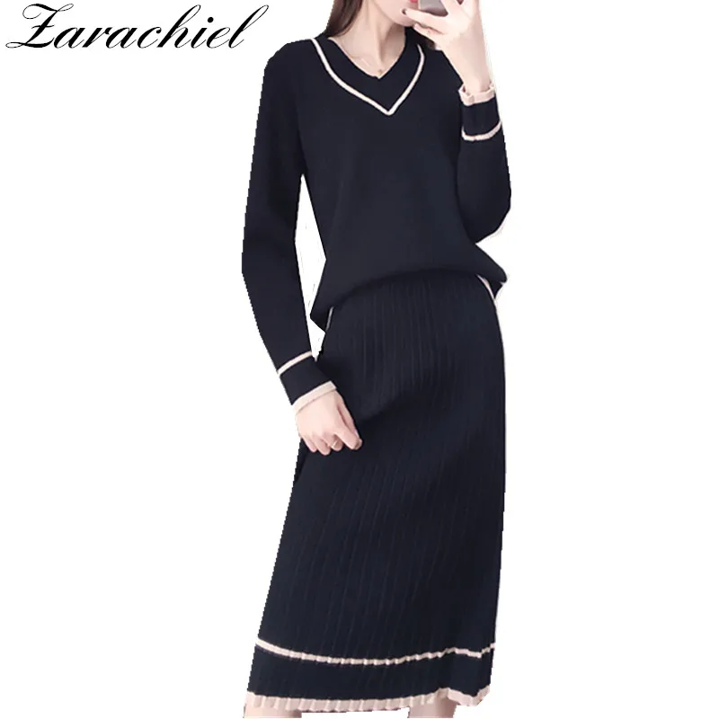 2019 Spring Women Loose Knitted Sweater Pullovers V Neck Long Sleeve Top + Mid-Length Pleated Skirt Set 2 Pieces Clothing Sets
2019 Spring Women Loose Knitted Sweater Pullovers V Neck Long Sleeve Top + Mid-Length Pleated Skirt Set 2 Pieces Clothing Sets